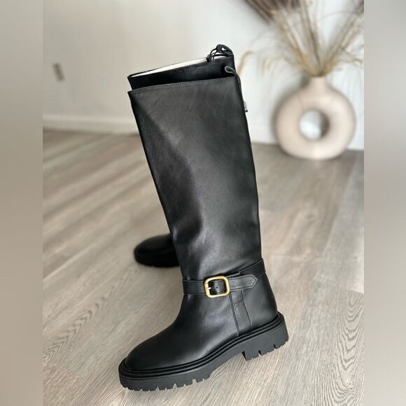 Zara Black Leather Riding Boots New - Picture 1 of 8